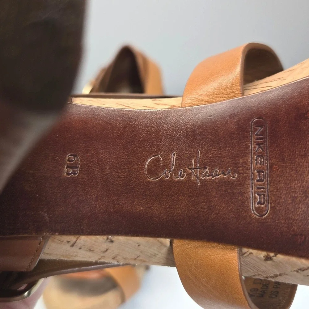 Vintage Y2K Cole Haan Leather Sandals 6B Brown Cork Chunky Platform Heel Strappy